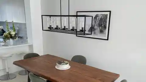 Contemporary black linear pendant with cylindrical glass above dining area