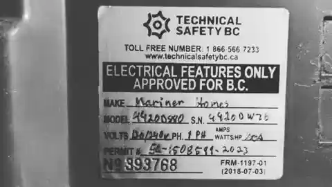 Technical Safety BC silver label certification sticker on panel cover