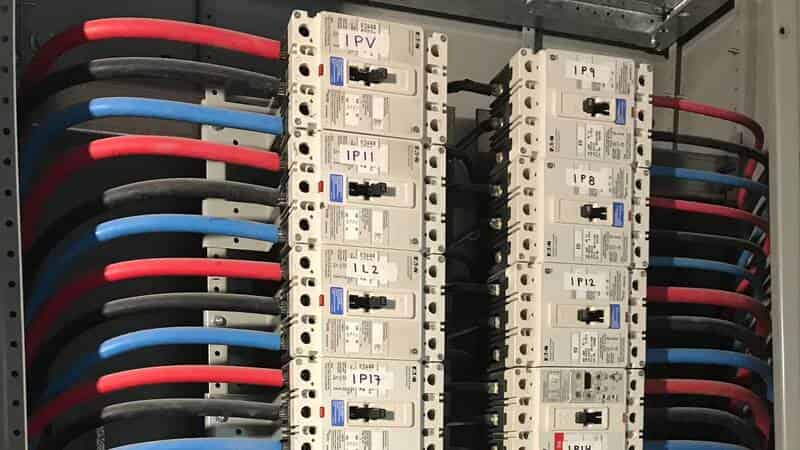 Commercial electrical panel with labeled circuit breakers